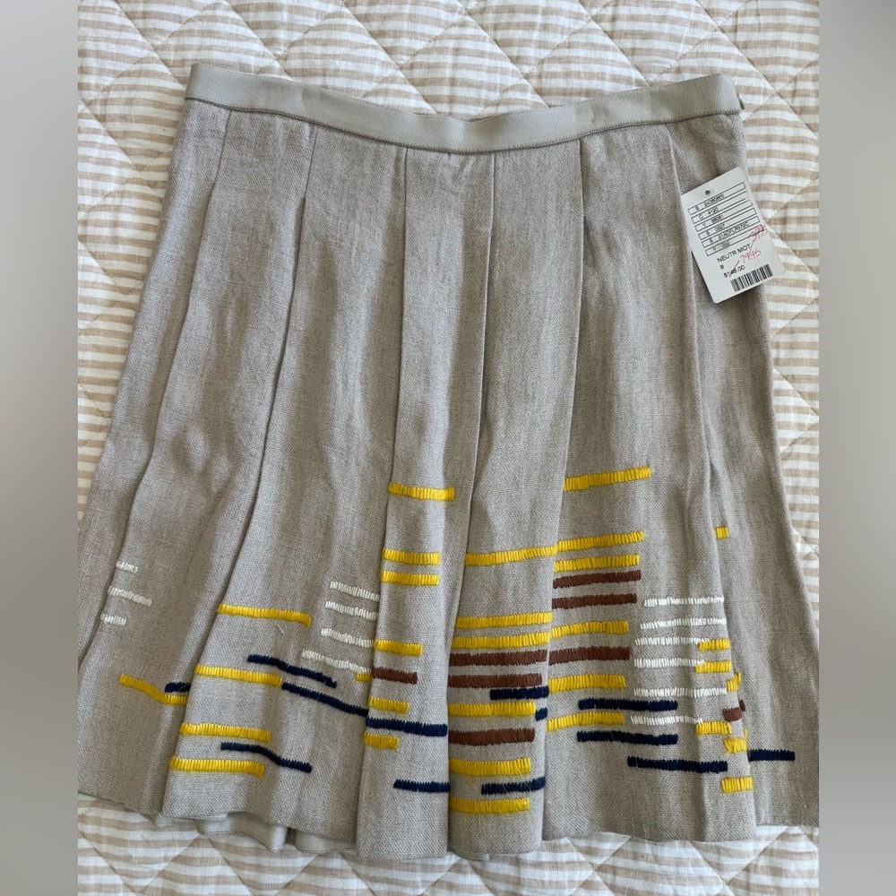 Maeve Linen Khaki Gray Pleated Skirt with Yellow, Navy & Brown Embroidery